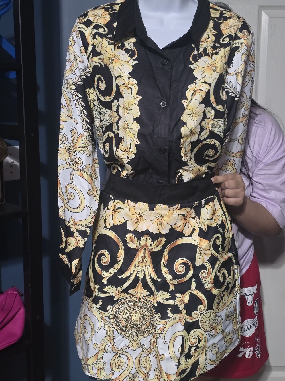 Black and Gold Baroque Print Shirt Dress
